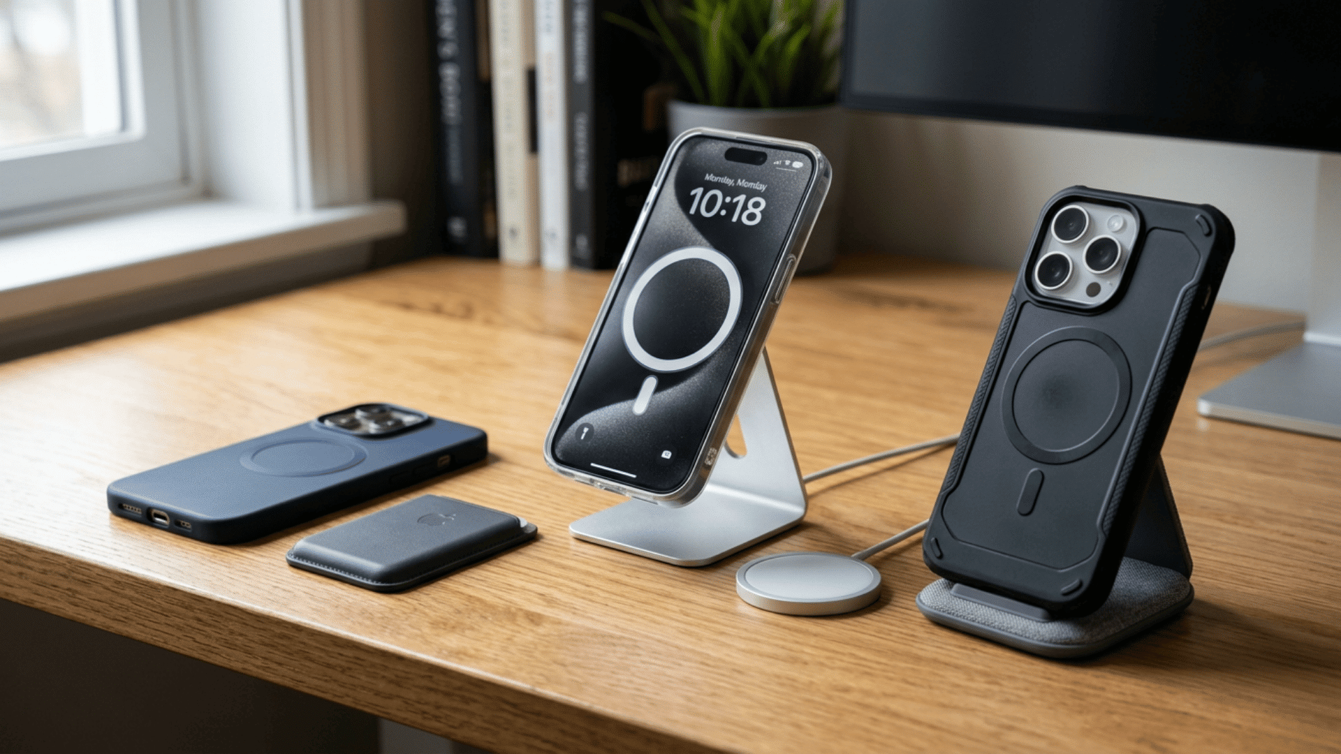 smartphone with magsafe accessories beside a thicker case compared with a simpler phone setup on desk