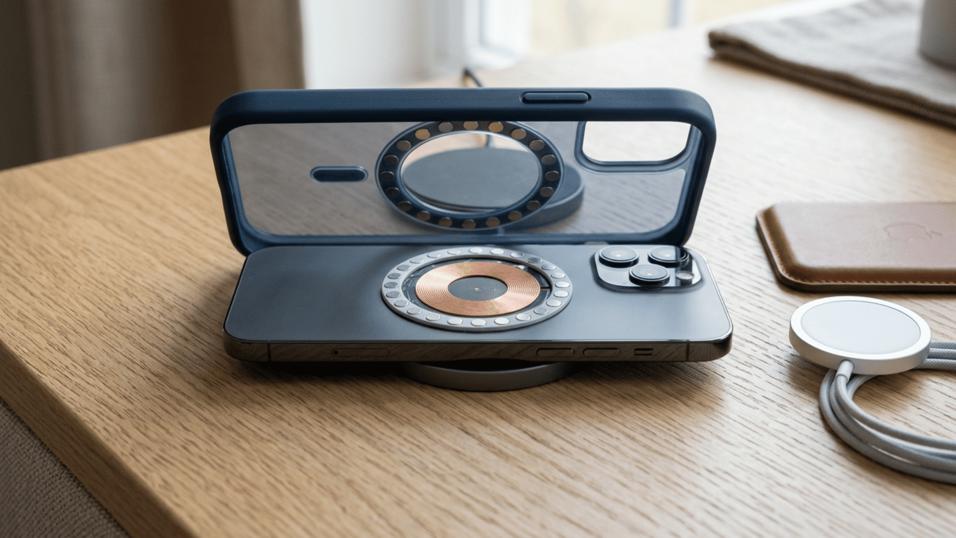 smartphone with magsafe case showing magnetic ring alignment with charger and accessories on desk