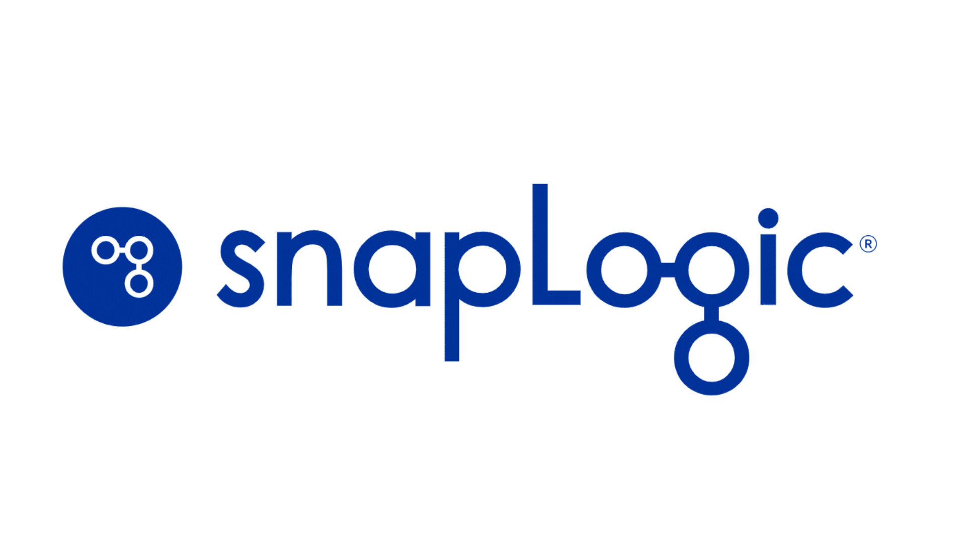 snaplogic logo with blue connected circle icon beside stylized snaplogic text on a light gray background design style