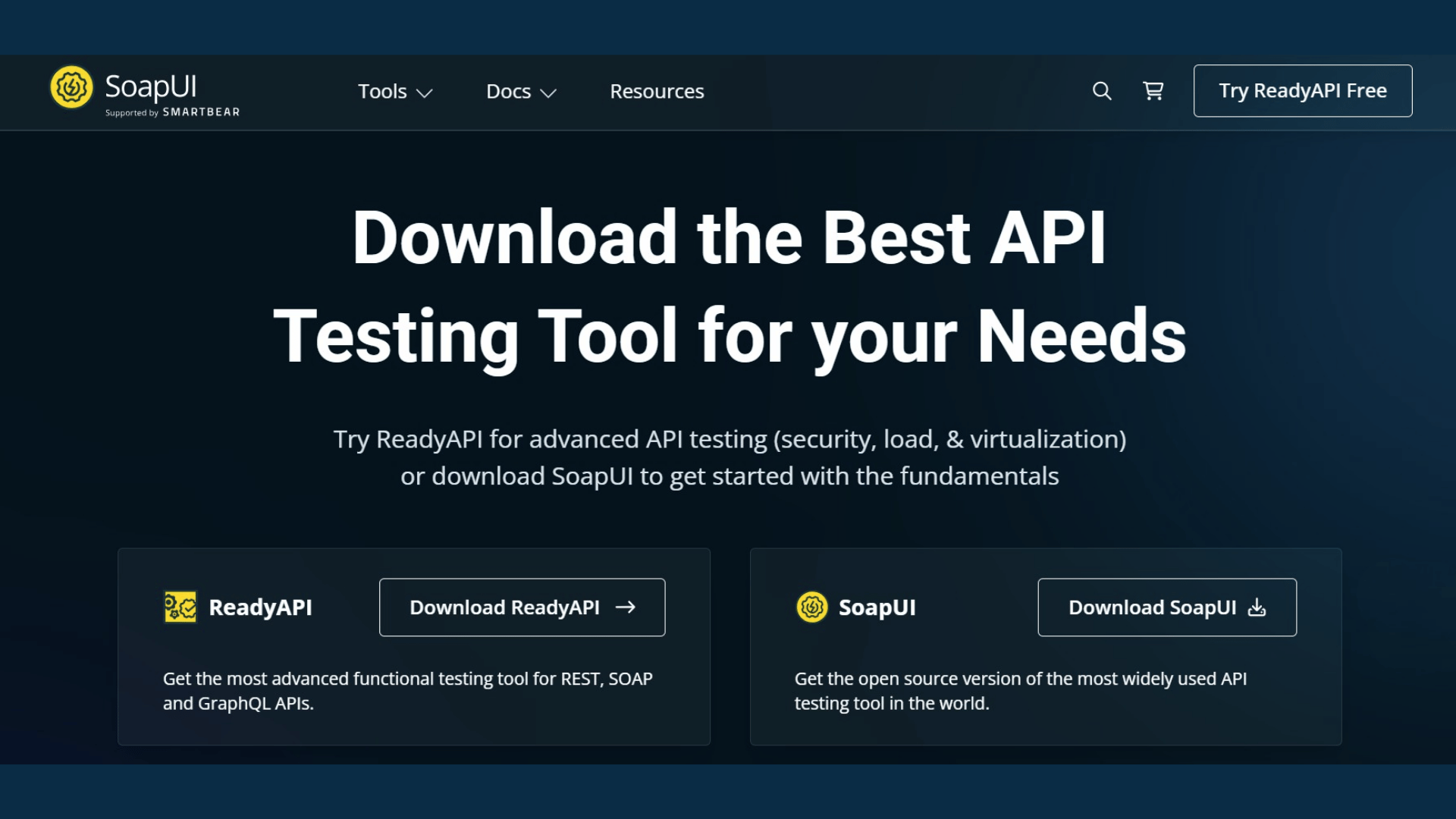 soapui website promoting api testing tools with download options for readyapi and soapui platforms