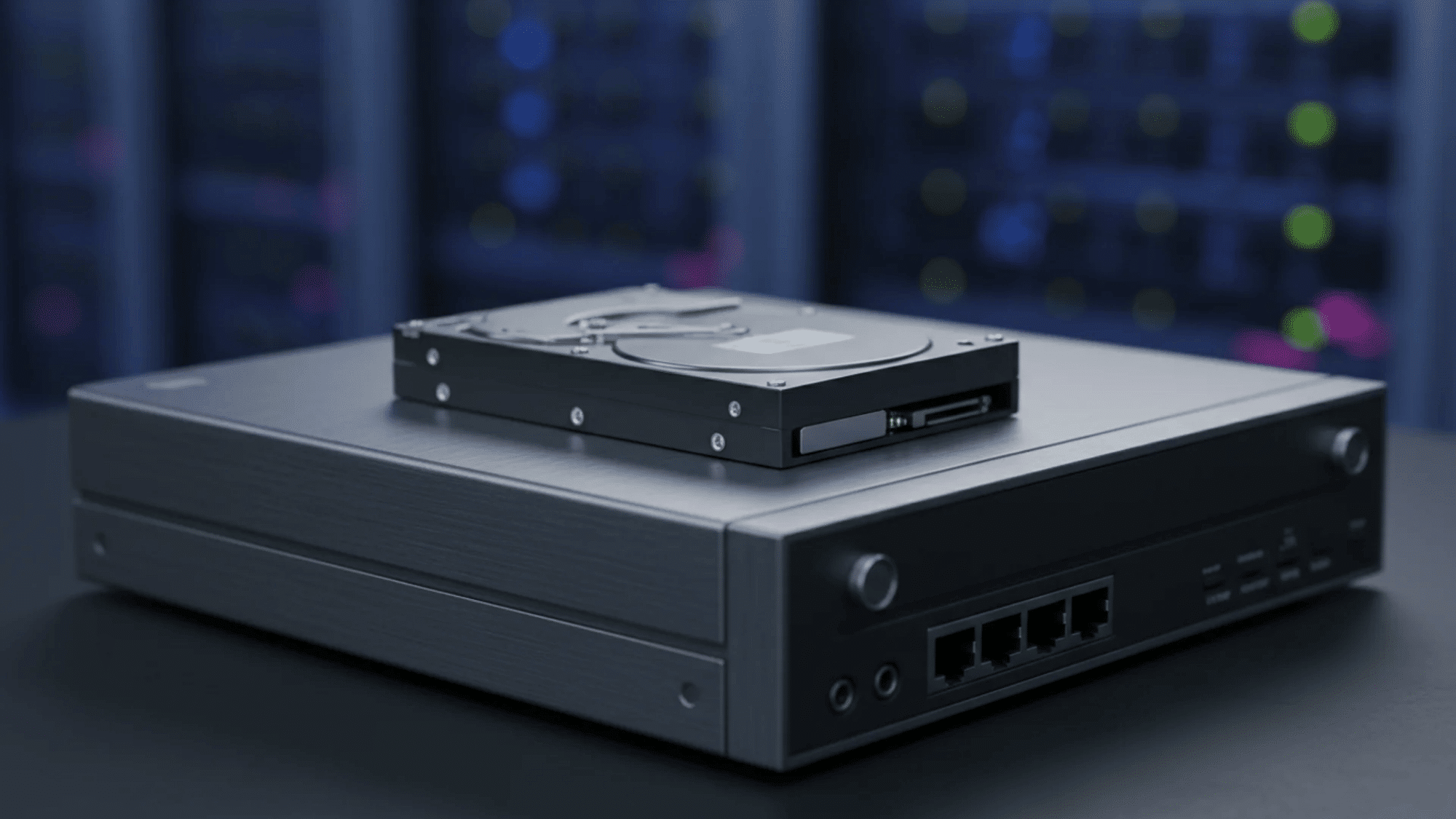 solid network video recorder and metallic hard drive showing reliable data storage against a blurred blue server room
