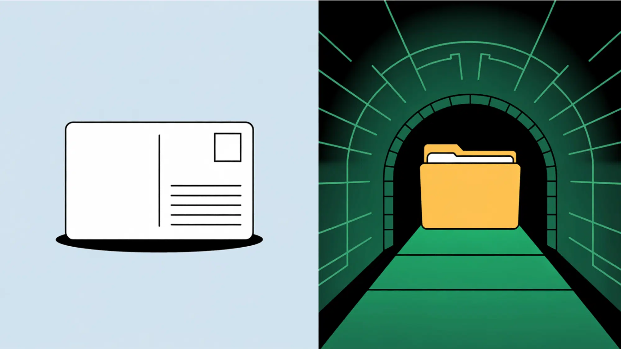 split illustration showing a plain paper postcard and a locked file folder traveling through an armored digital tunnel