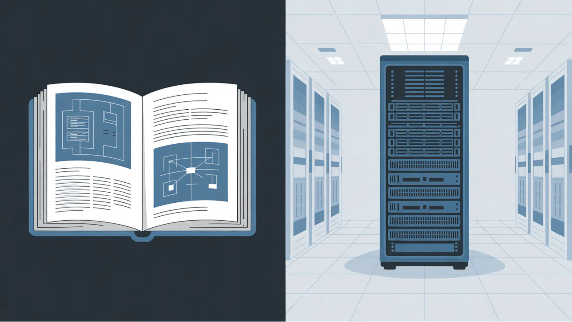 split illustration showing network rules manual on the left and a server computer chassis on the right side