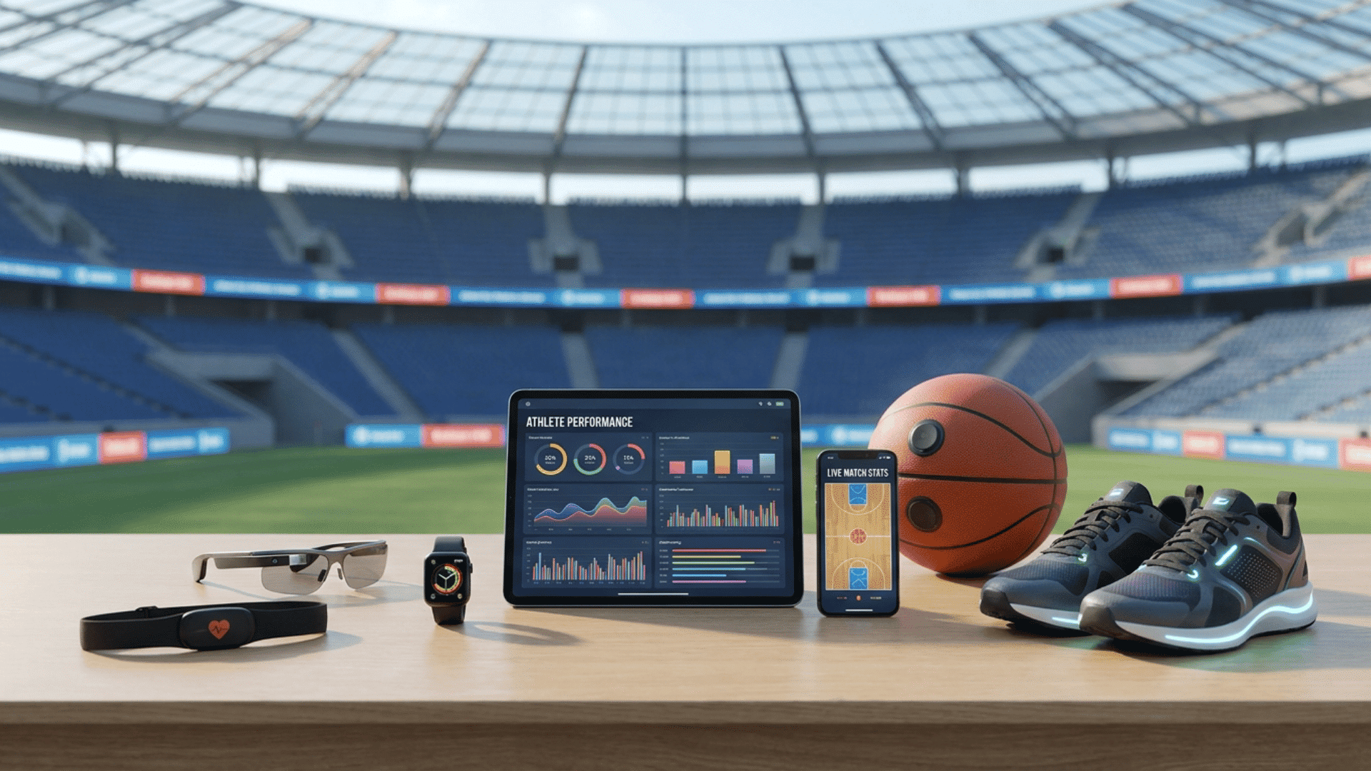 sports tracking devices tablet with athlete data smartphone basketball and shoes displayed in a stadium