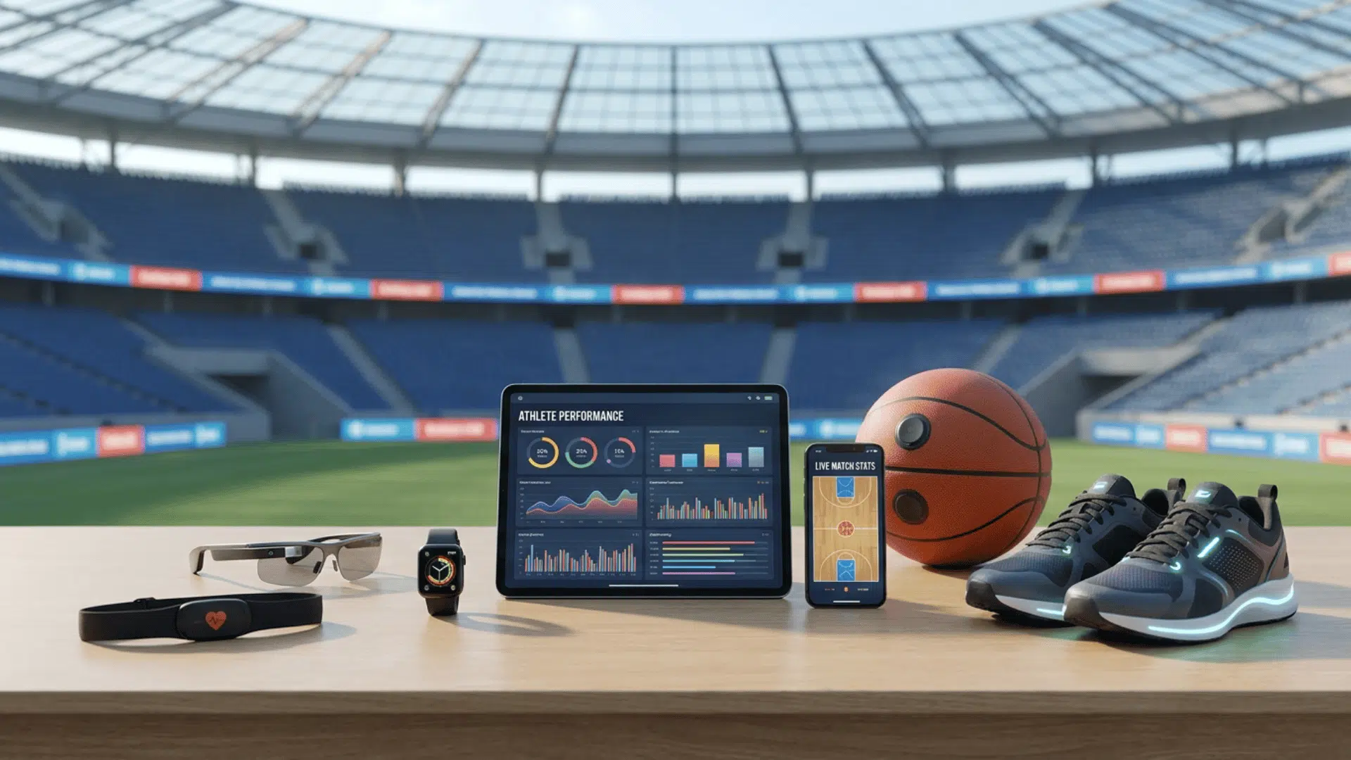 sports tracking devices tablet with athlete data smartphone basketball and shoes displayed in a stadium