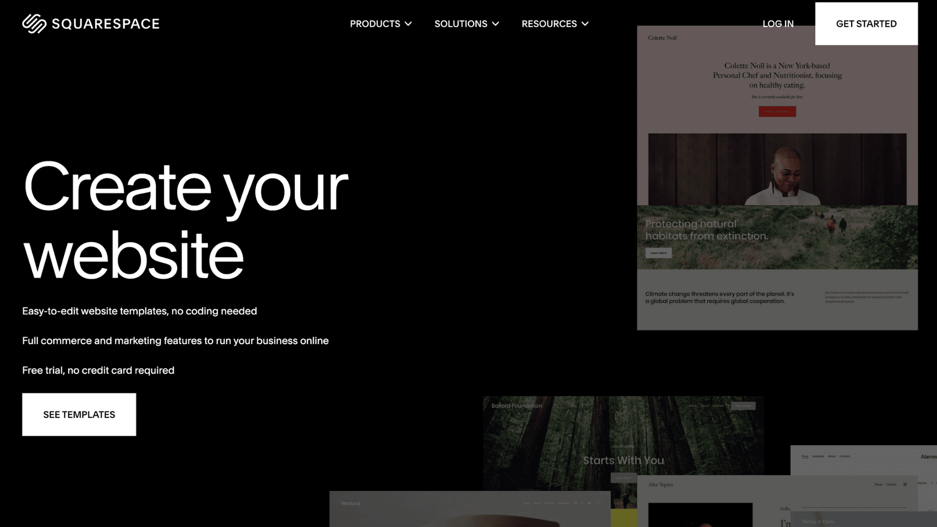 squarespace homepage showing create your website text and layered website template previews on a black background