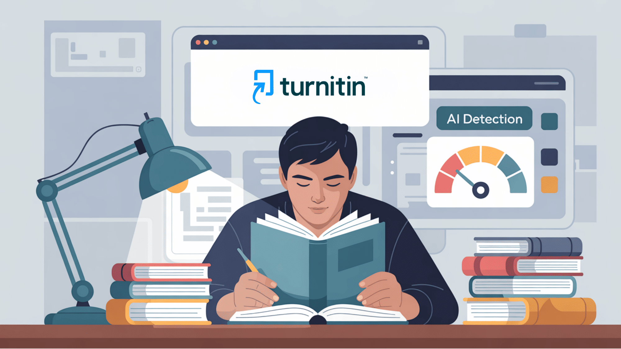student studying with turitin logo hovering over their head and depiction of ai detection on the side