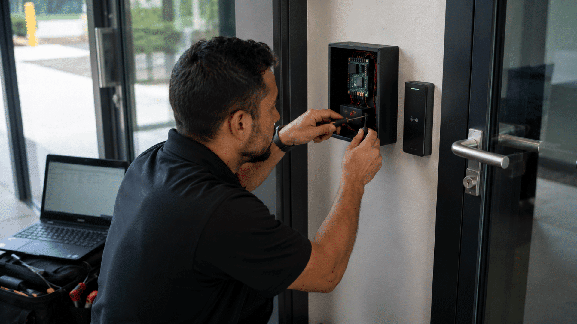 technician configuring access control system with door reader control panel and laptop during installation setup