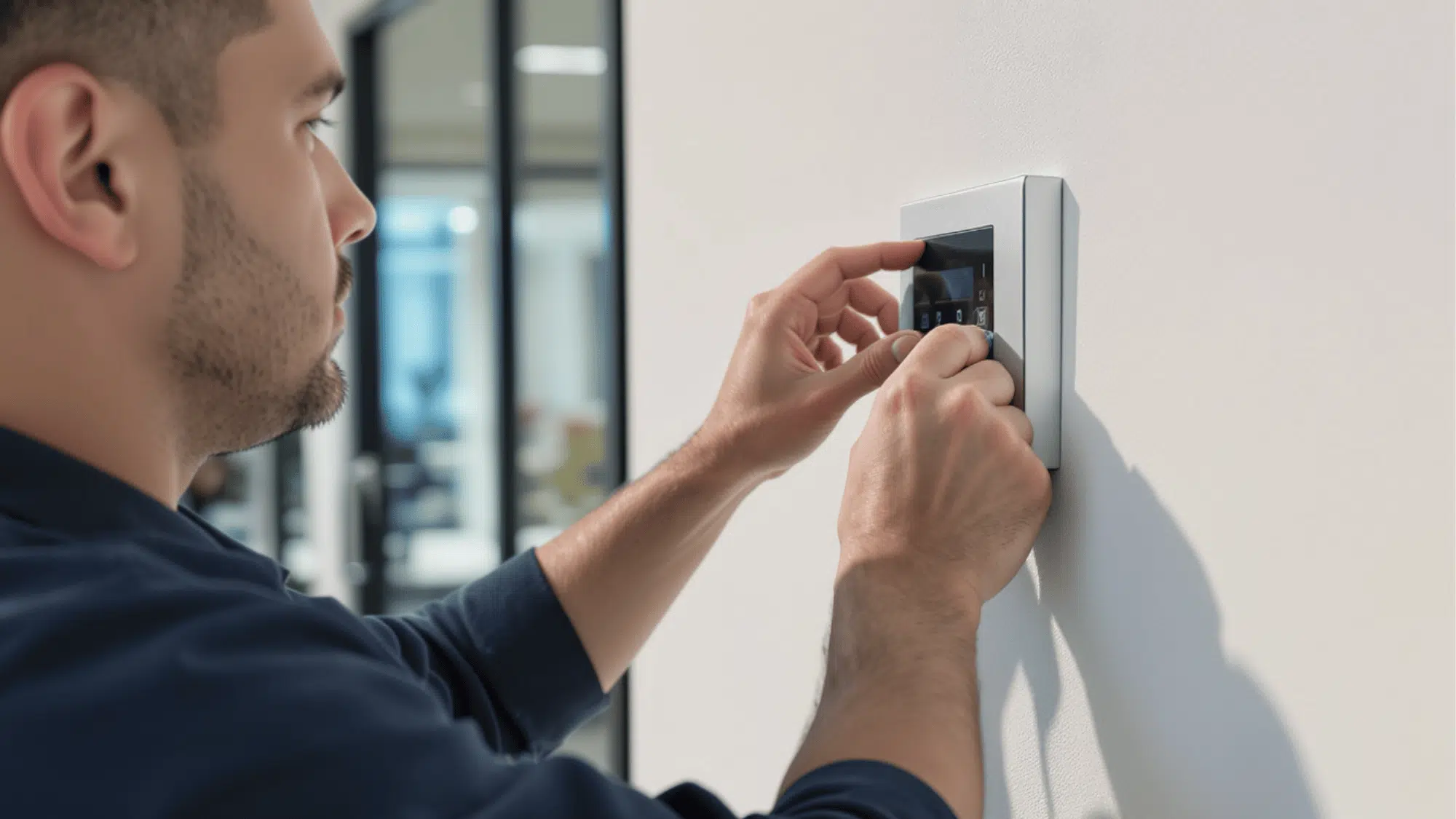 technician installing digital keypad on bright office wall for building security setup