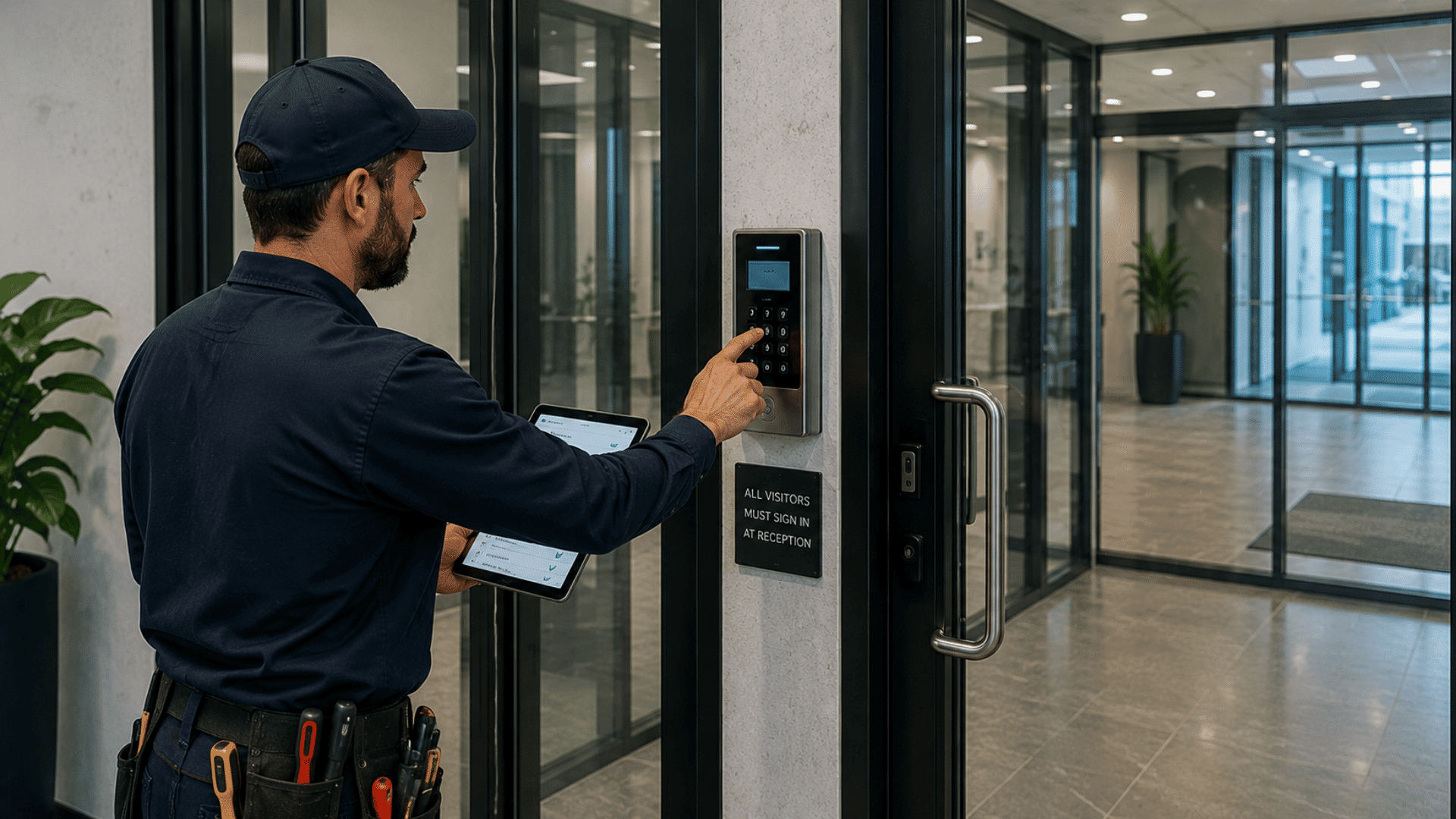 technician testing access controls and inspecting vestibule equipment to ensure reliable security performance