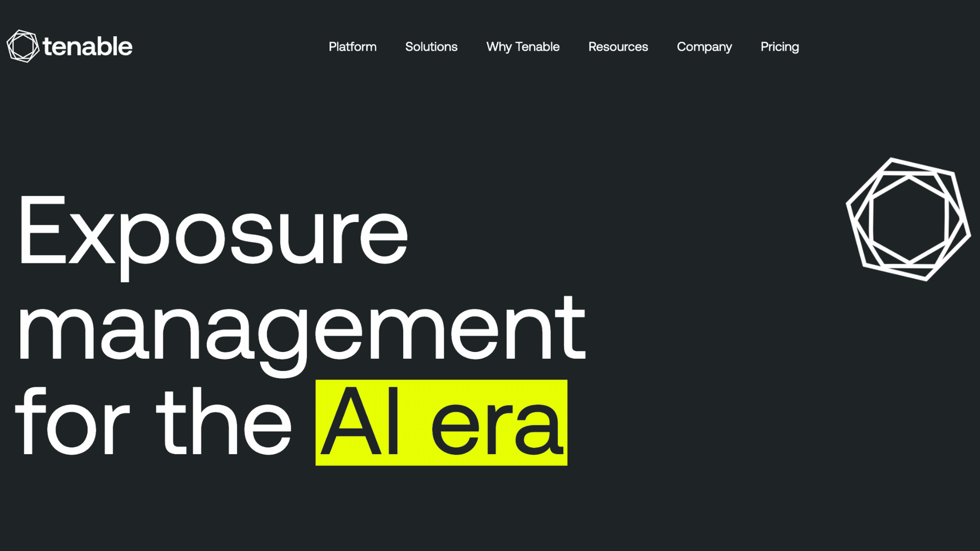 tenable homepage promoting exposure management for the ai era with bold typography and cybersecurity platform navigation menu