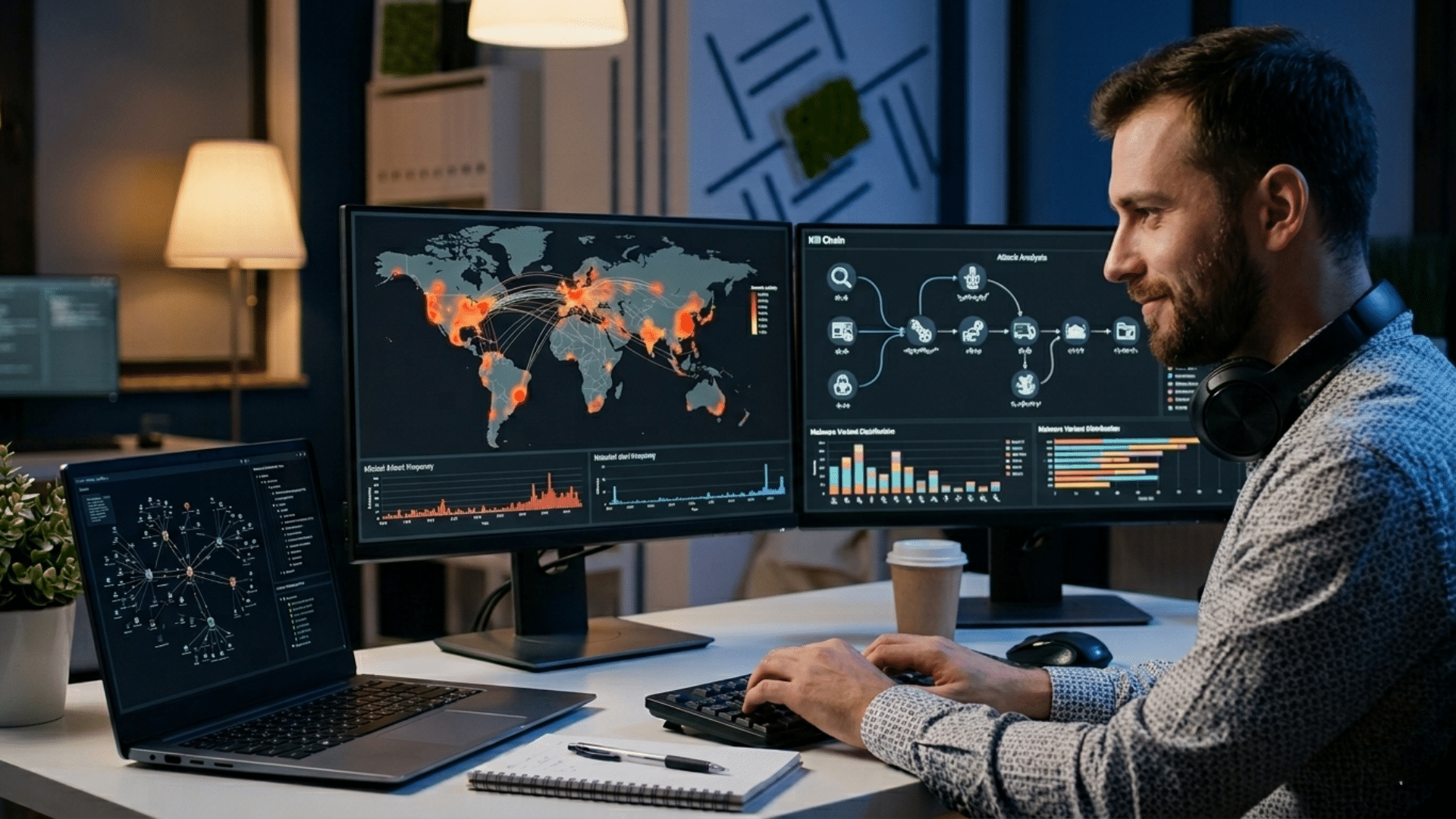 threat intelligence expert studying cyberattack patterns and gathering information on emerging threats