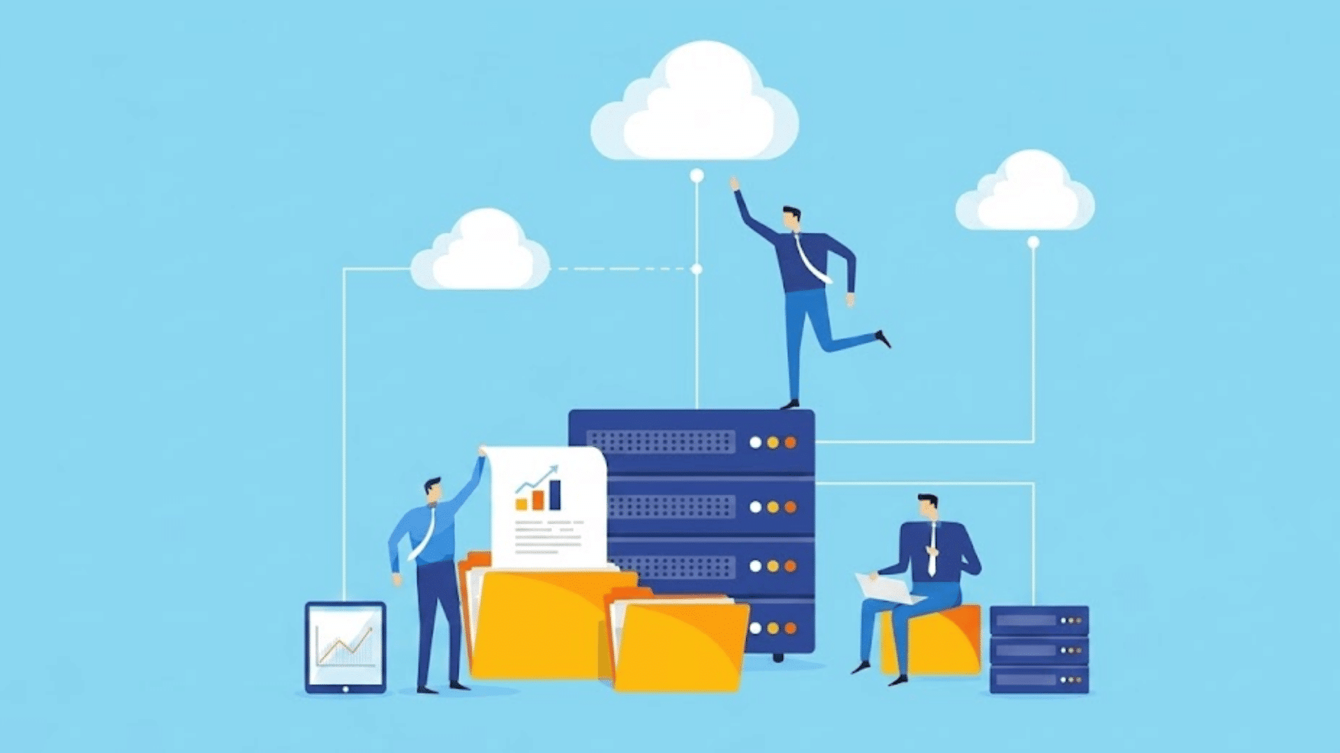 three professionals managing files and servers with cloud connectivity supporting data storage and business operations