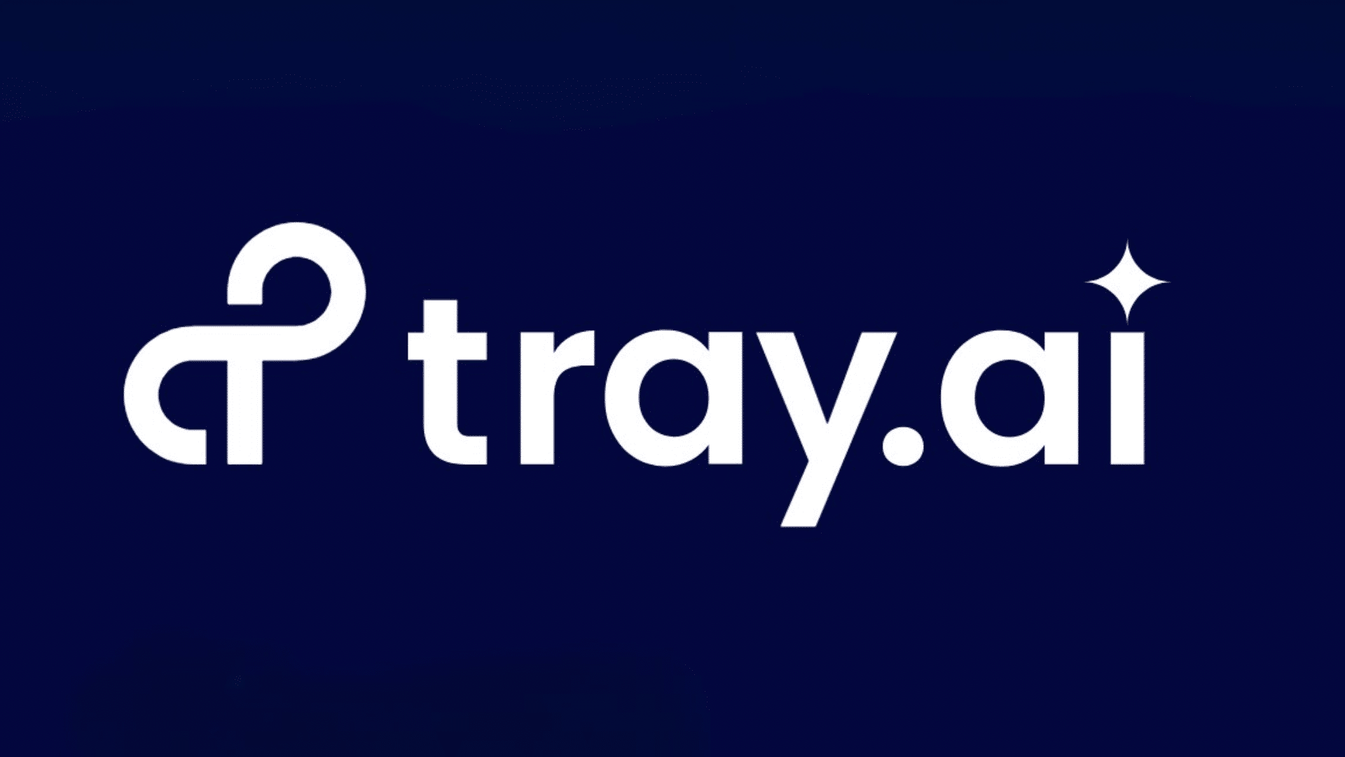 tray ai logo with white stylized symbol and tray ai text on a dark blue background with a small star accent above the lettering