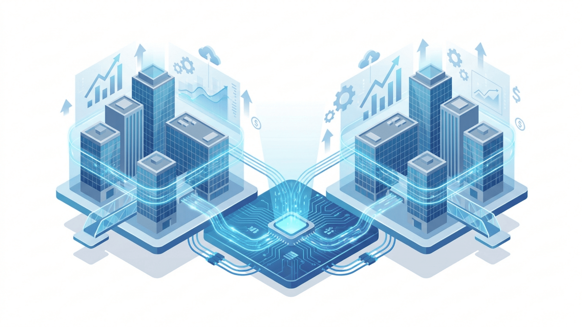 two digital city models connected through a glowing microchip with data streams charts and cloud icons showing smart infrastructure