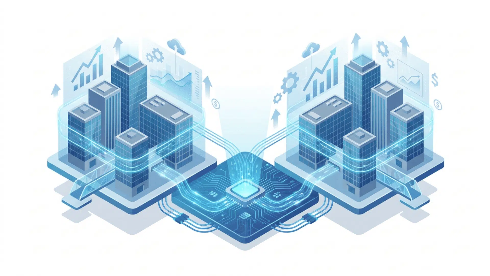 two digital city models connected through a glowing microchip with data streams charts and cloud icons showing smart infrastructure