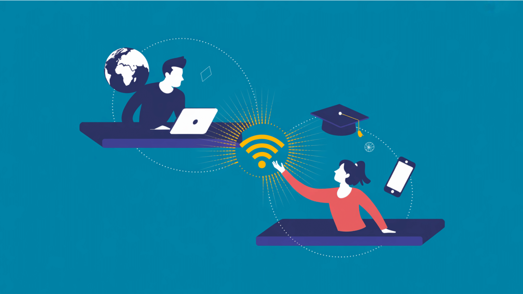 two people digitally divided by their level of expertise in internet literacy reaching out to each other