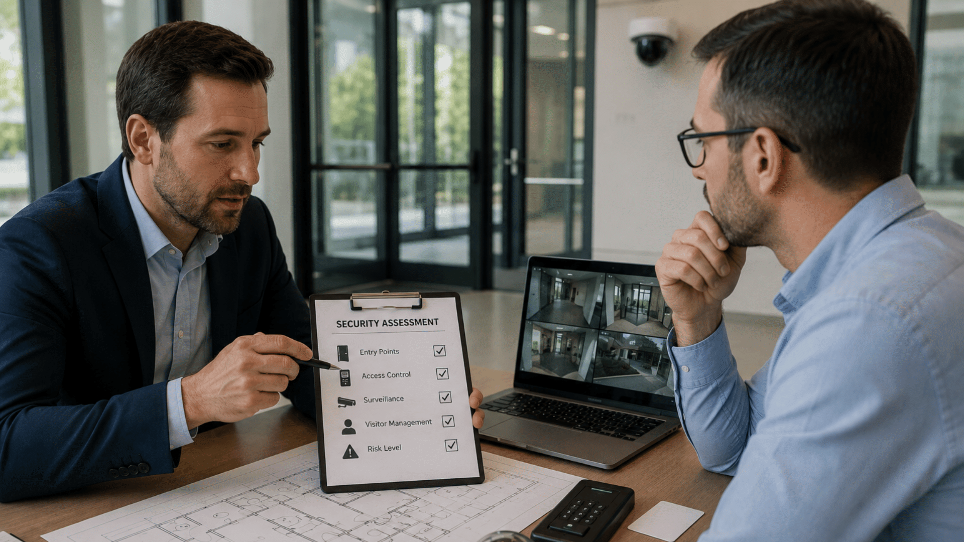 two professionals reviewing building plans and security systems to evaluate entry points access control and risks