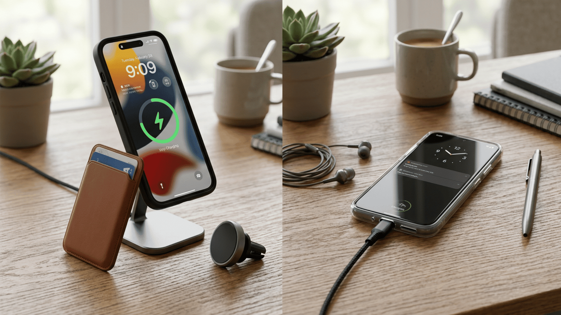 two smartphone setups showing magsafe accessories and simple wired charging arrangement on desk surface