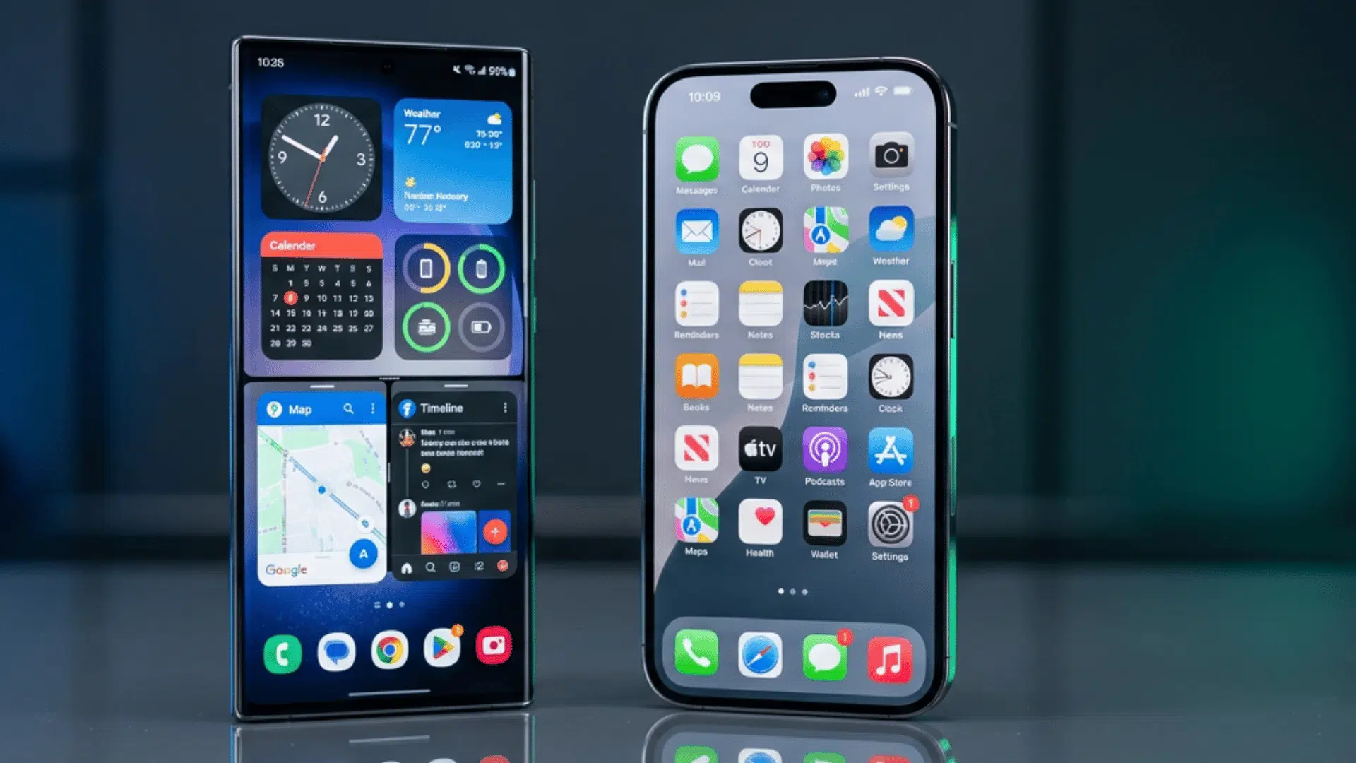 two smartphones standing on a reflective surface showing android and ios home screens against a blurred backdrop