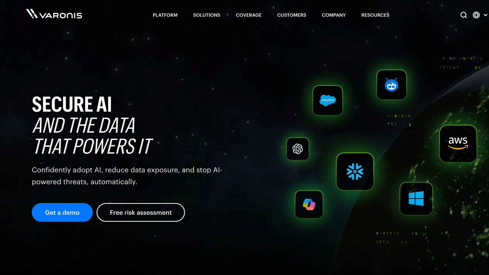 varonis cybersecurity homepage highlighting secure ai and data protection with floating cloud platform icons around earth