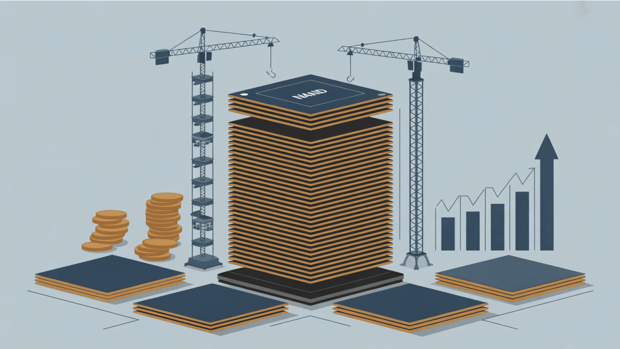 vector cross section of a layered memory chip tower under construction with rising coin stacks and cost arrows beside it