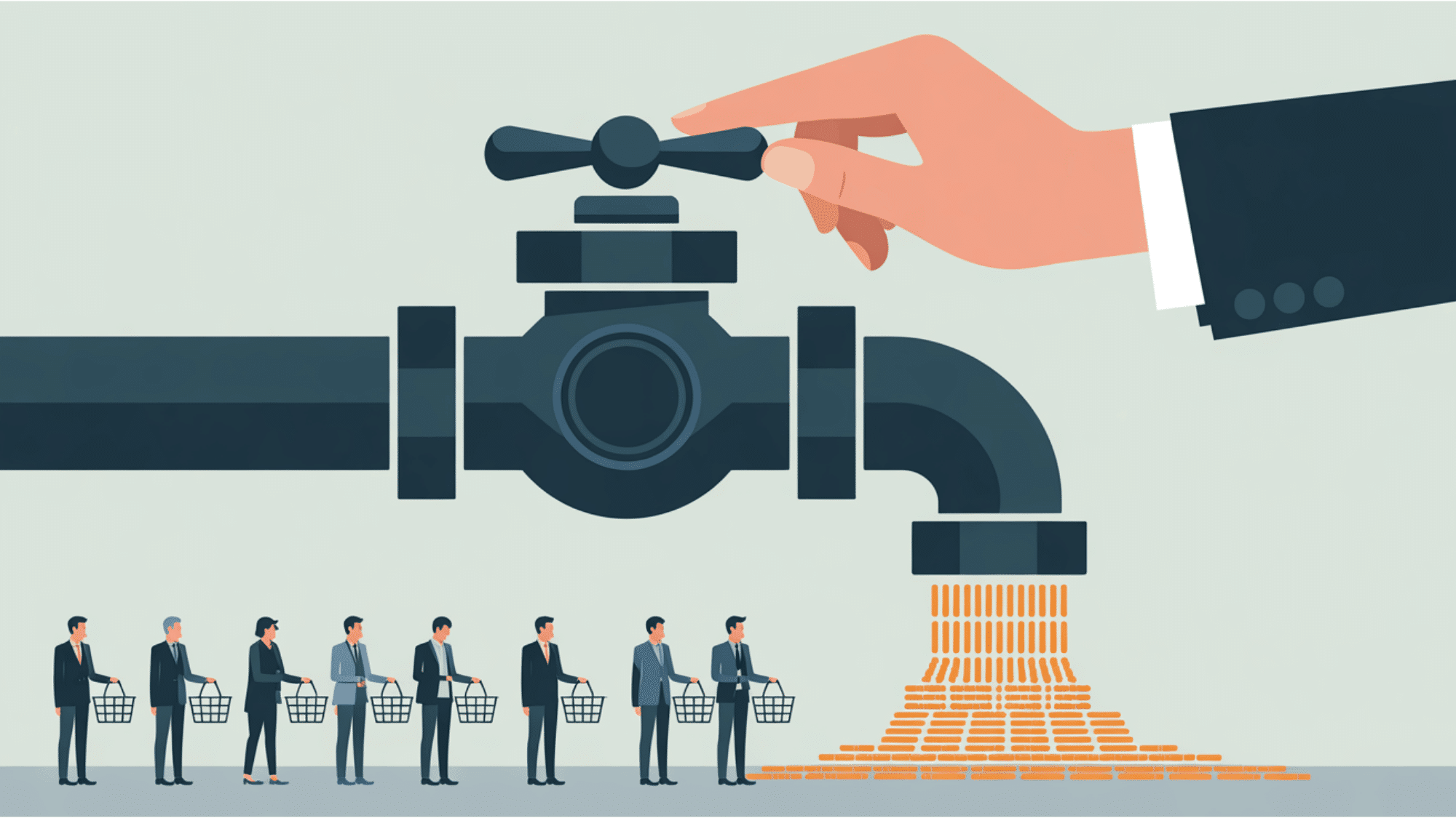 vector illustration of a corporate hand turning a factory valve to slow the flow of memory chips to waiting buyers