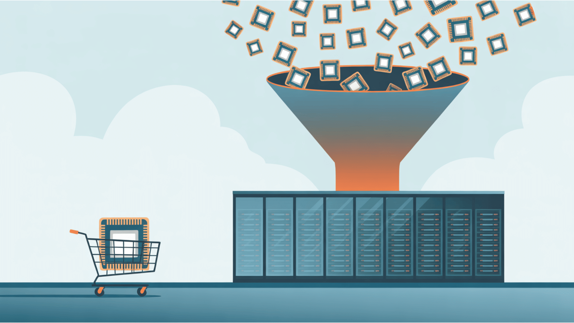 vector illustration of a giant data center funneling memory chips while a small consumer cart waits in line