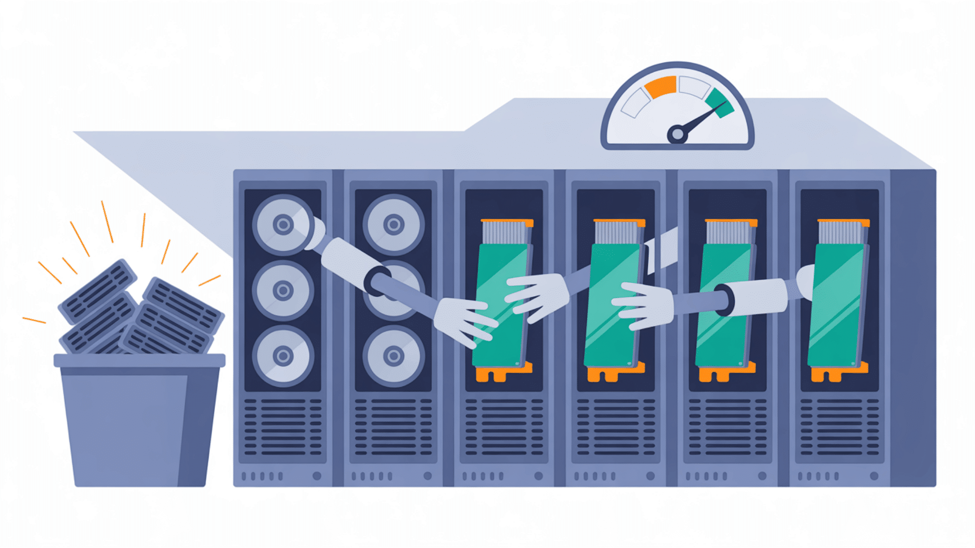 vector illustration of robotic arms swapping old hard drives for glowing ssds in server racks with a speed gauge above