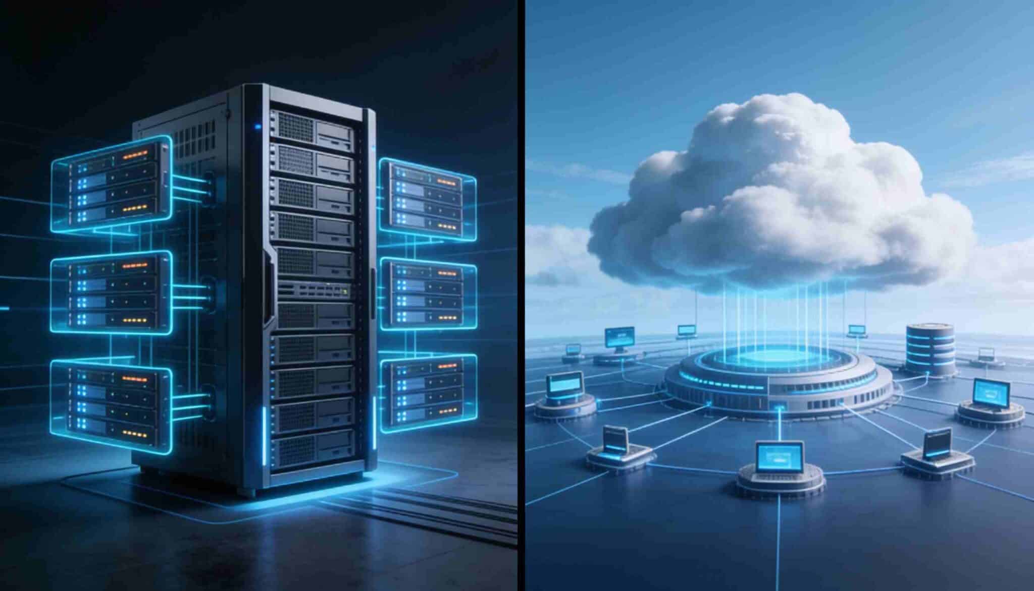 Split-screen illustration comparing virtualization and cloud computing, with a physical server hosting multiple virtualized resources on the left and a cloud platform delivering services to connected devices on the right.