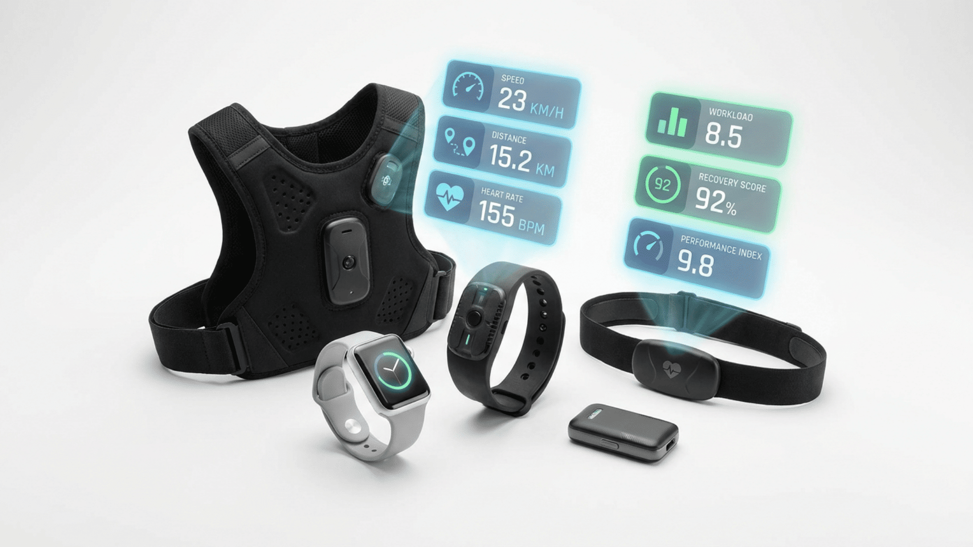 wearable fitness devices including smart vest watch band and chest strap displaying workout and health metrics
