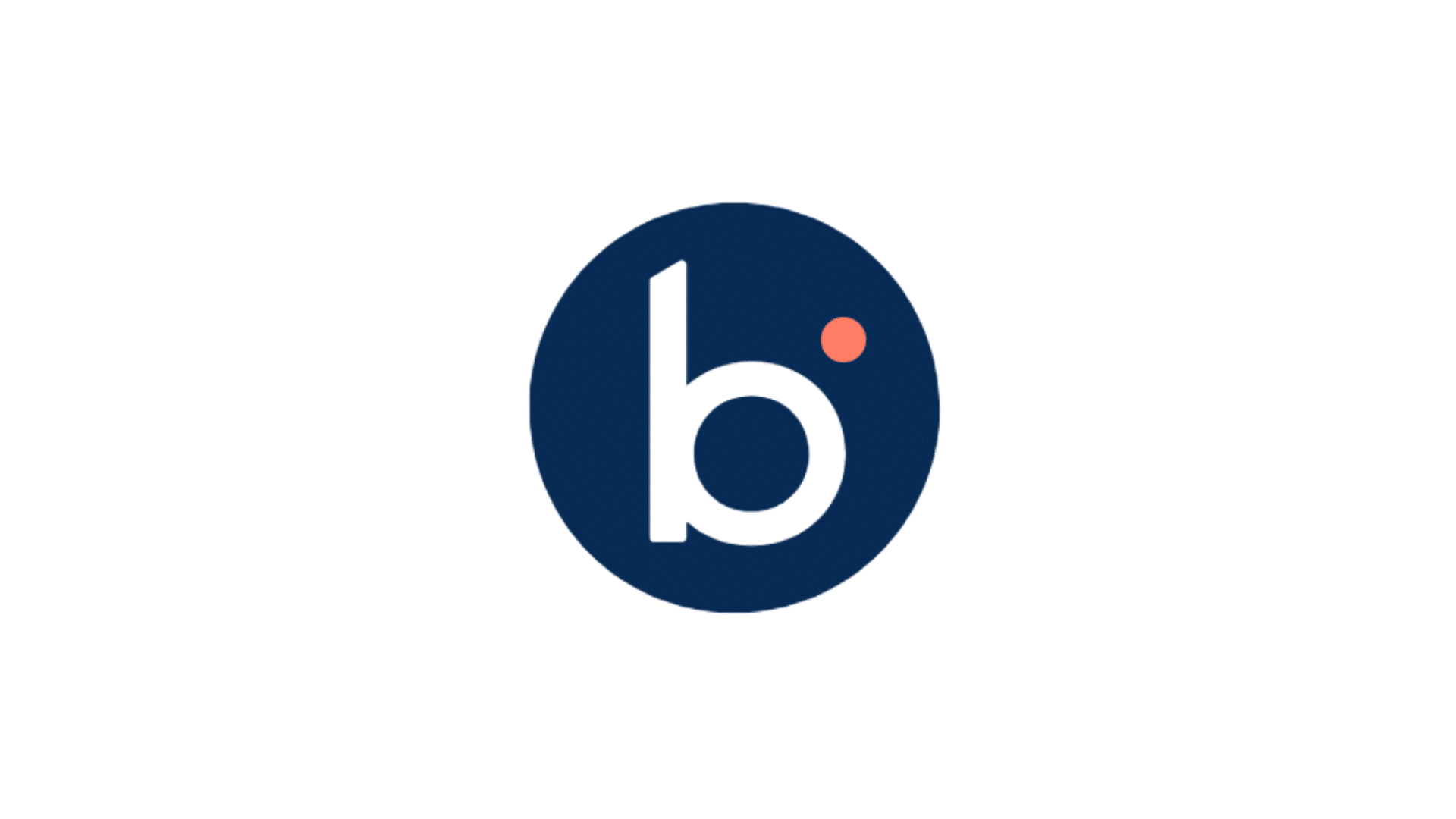 white lowercase b letter inside a dark blue circle with a small orange dot on a light gray background logo design