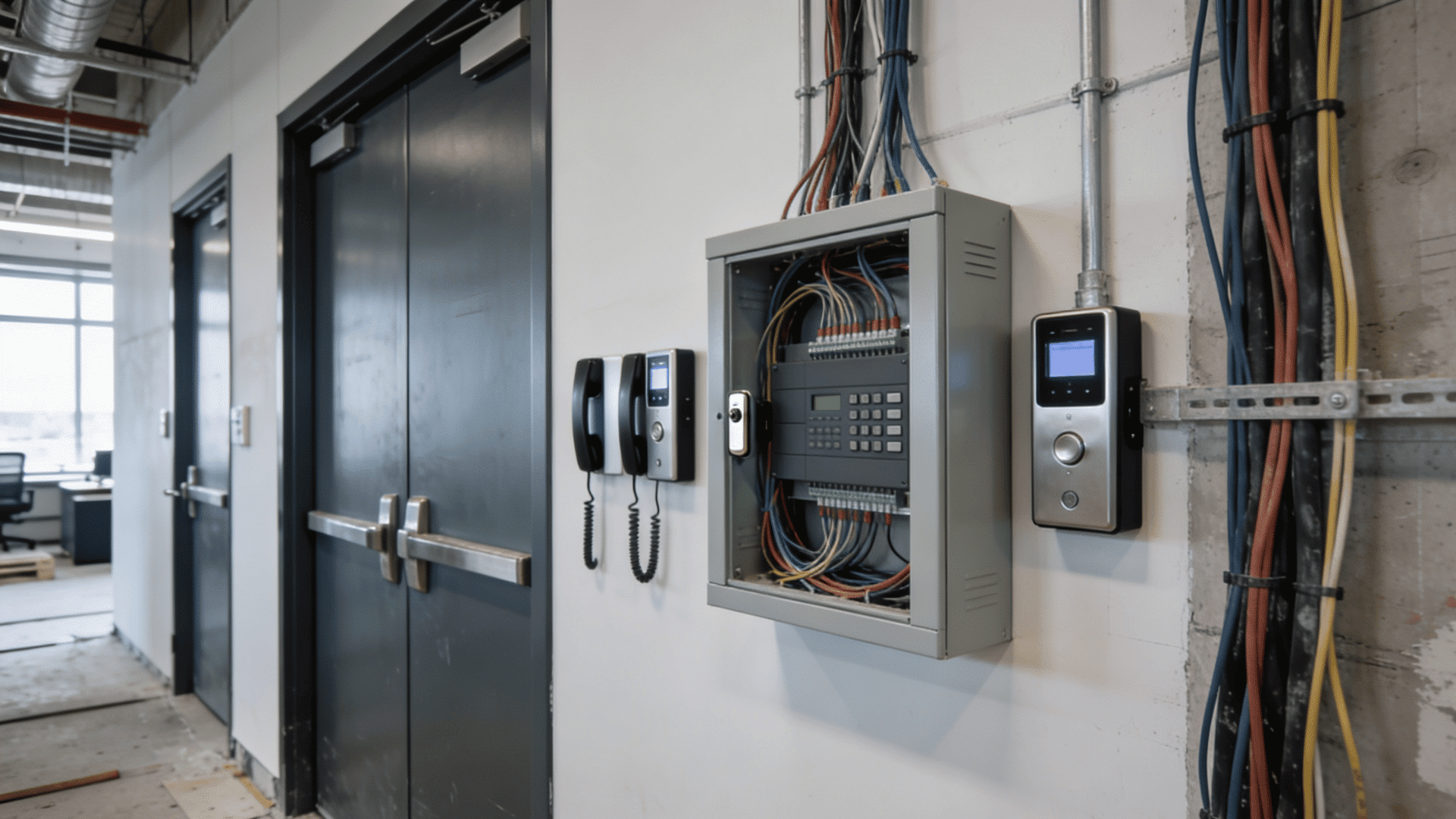 wired access control system with exposed cabling connected to door readers locks and controller hardware