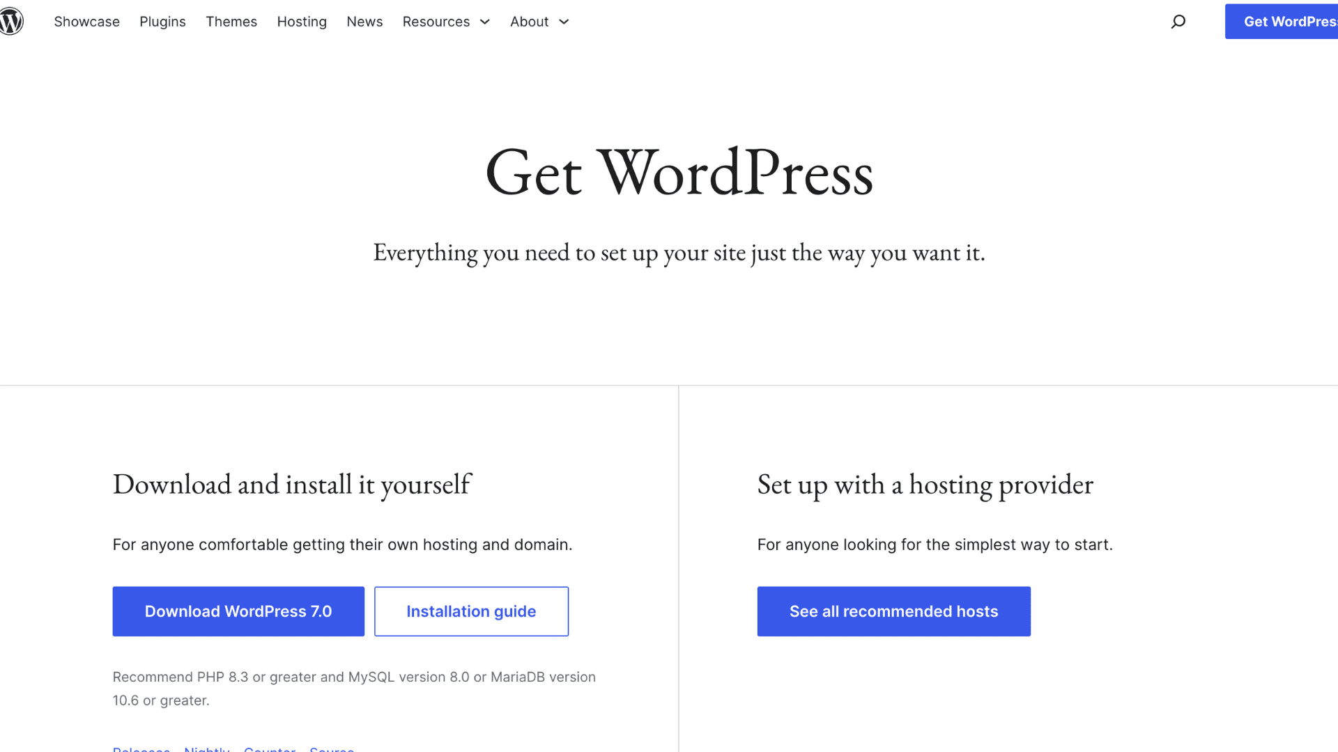 wordpress get page showing download and install options beside hosting setup on a clean white layout