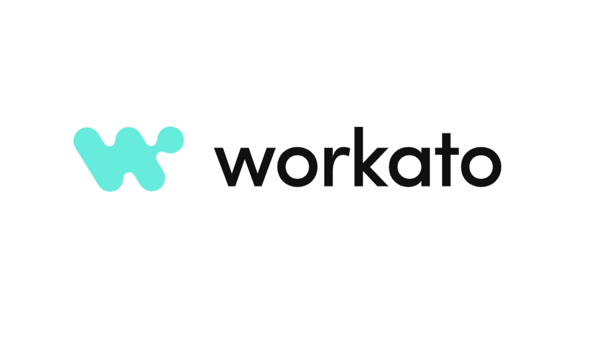 workato logo with turquoise abstract symbol beside black workato text on a light gray background design