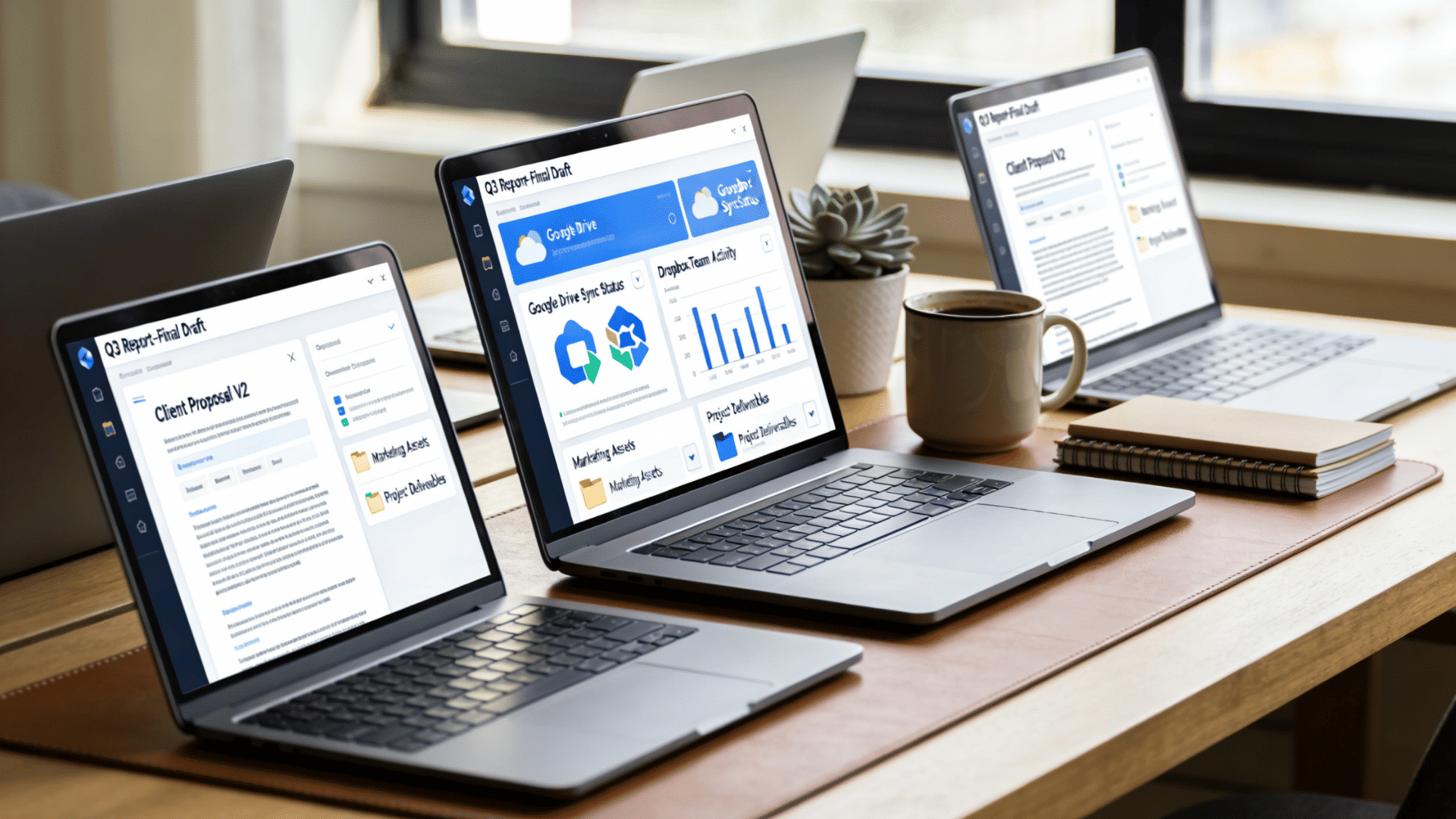 workspace with cloud storage shared documents and connected productivity tools across multiple devices