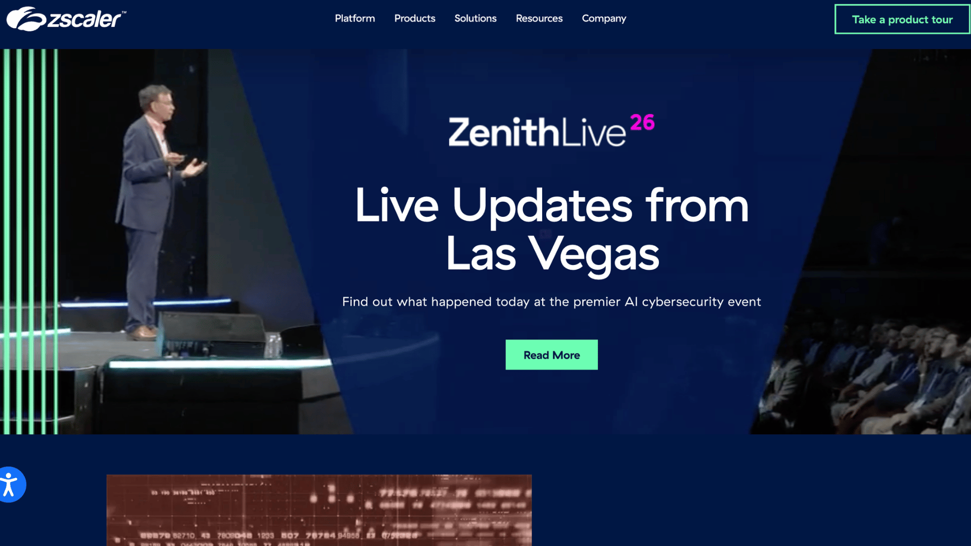 zscaler homepage highlighting ai cybersecurity event updates with speaker on stage and audience at technology conference