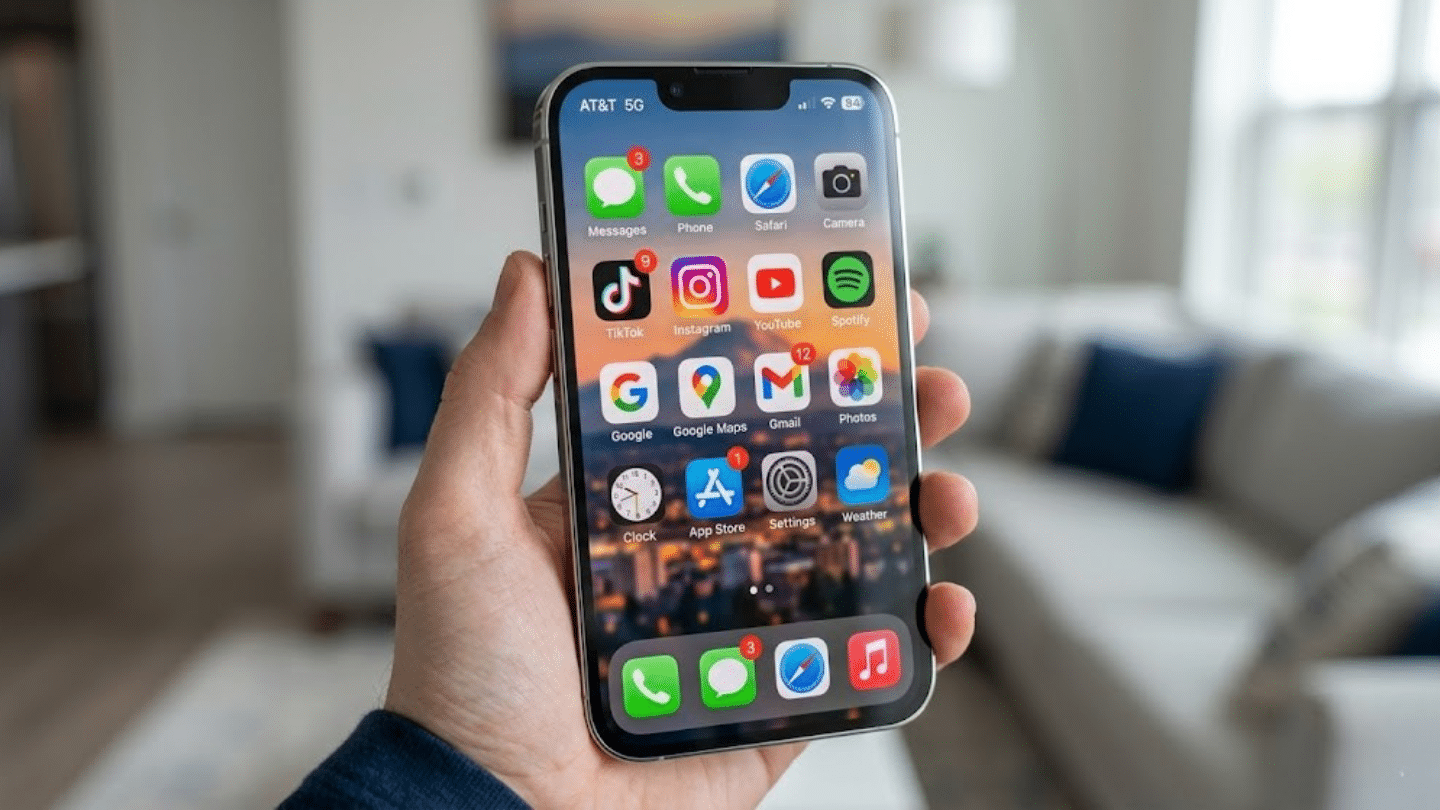 a hand holding an iphone showing a home screen filled with popular app icons over a blurry living room background