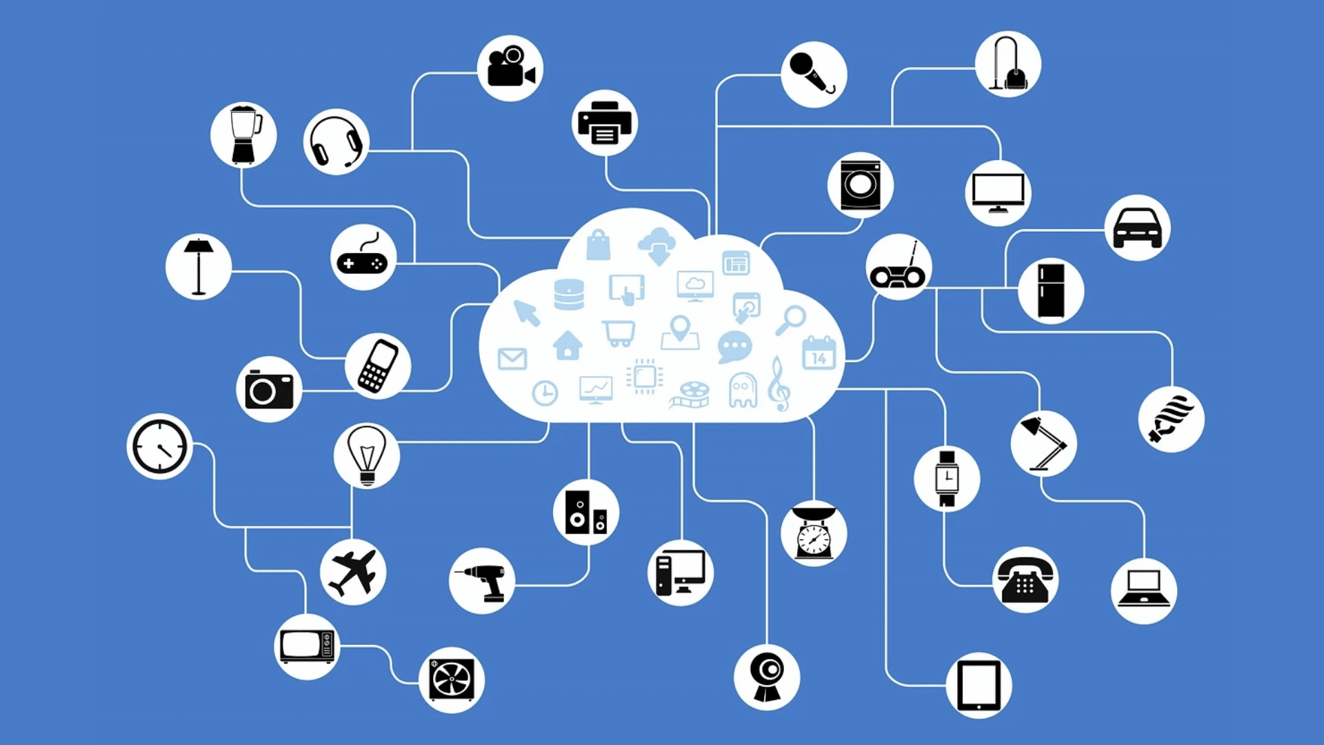 a network of devices connected to a central cloud, against a blue background