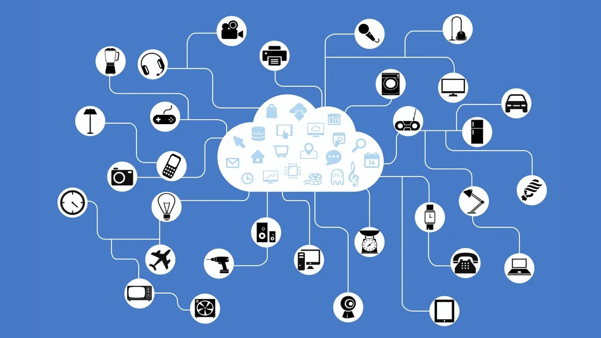 a network of devices connected to a central cloud, against a blue background