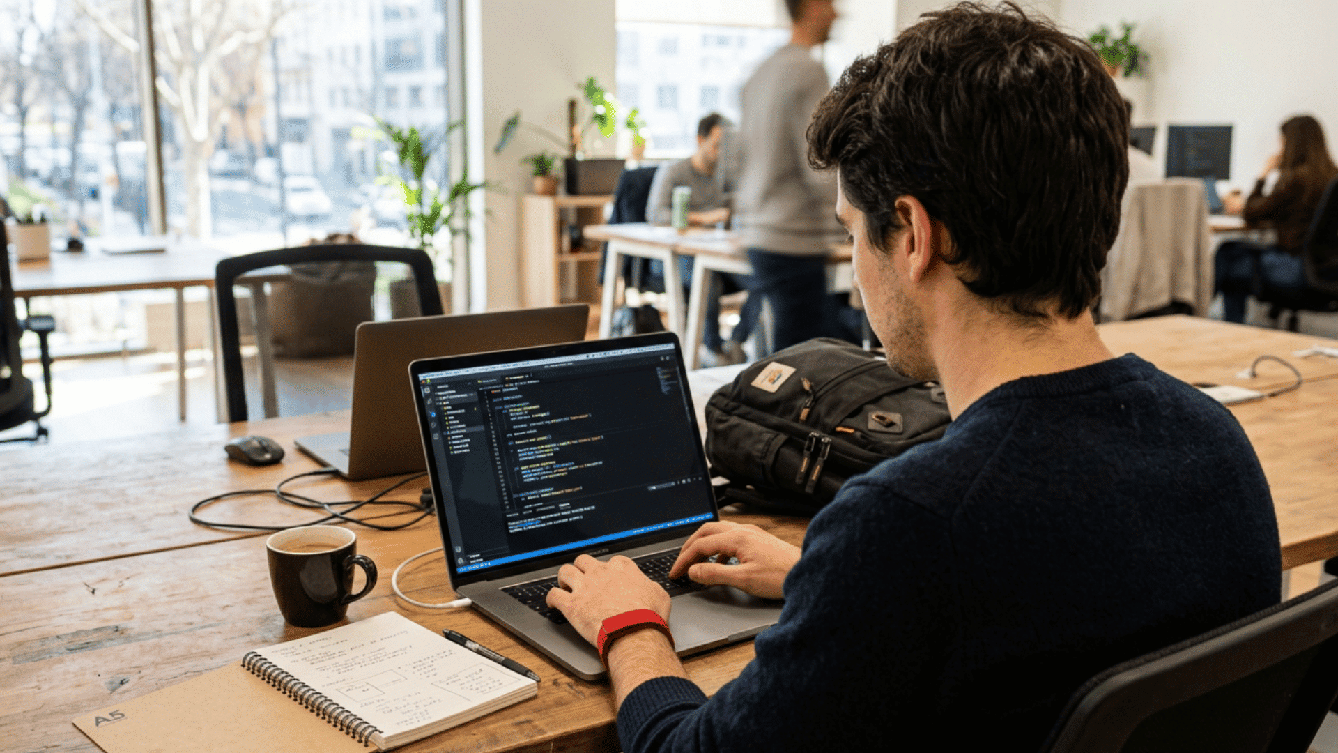 a person typing code on a laptop at a shared office desk with a notebook coffee cup and coworkers working in the background