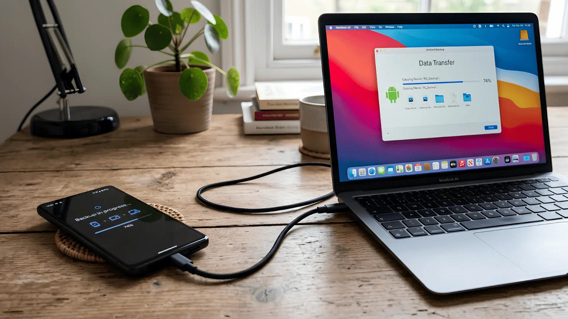 android phone connected to a macbook air with usb cable while data transfer progress is shown on the laptop screen on a desk (1)