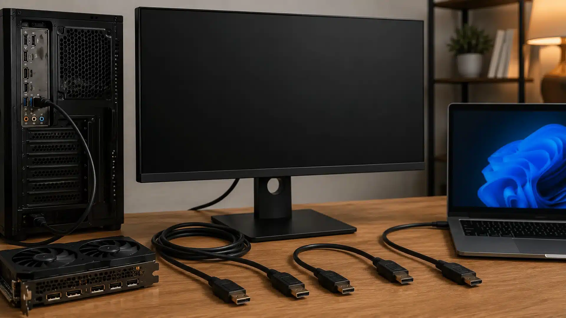 blank desktop monitor beside a pc tower laptop graphics card and several displayport cables on a wooden desk