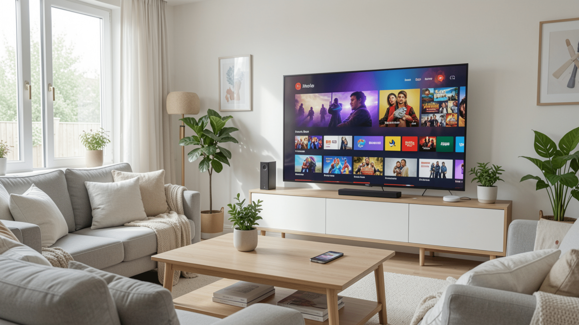 bright living room with sofa chairs and potted plants facing a large tv displaying streaming content on screen