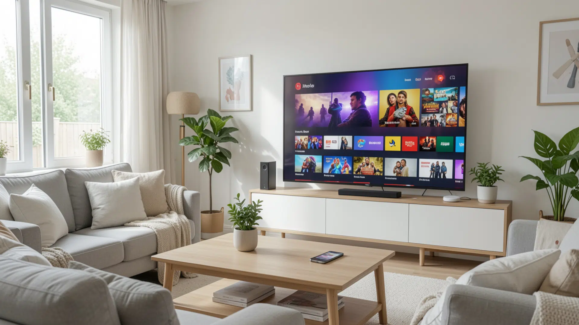 bright living room with sofa chairs and potted plants facing a large tv displaying streaming content on screen