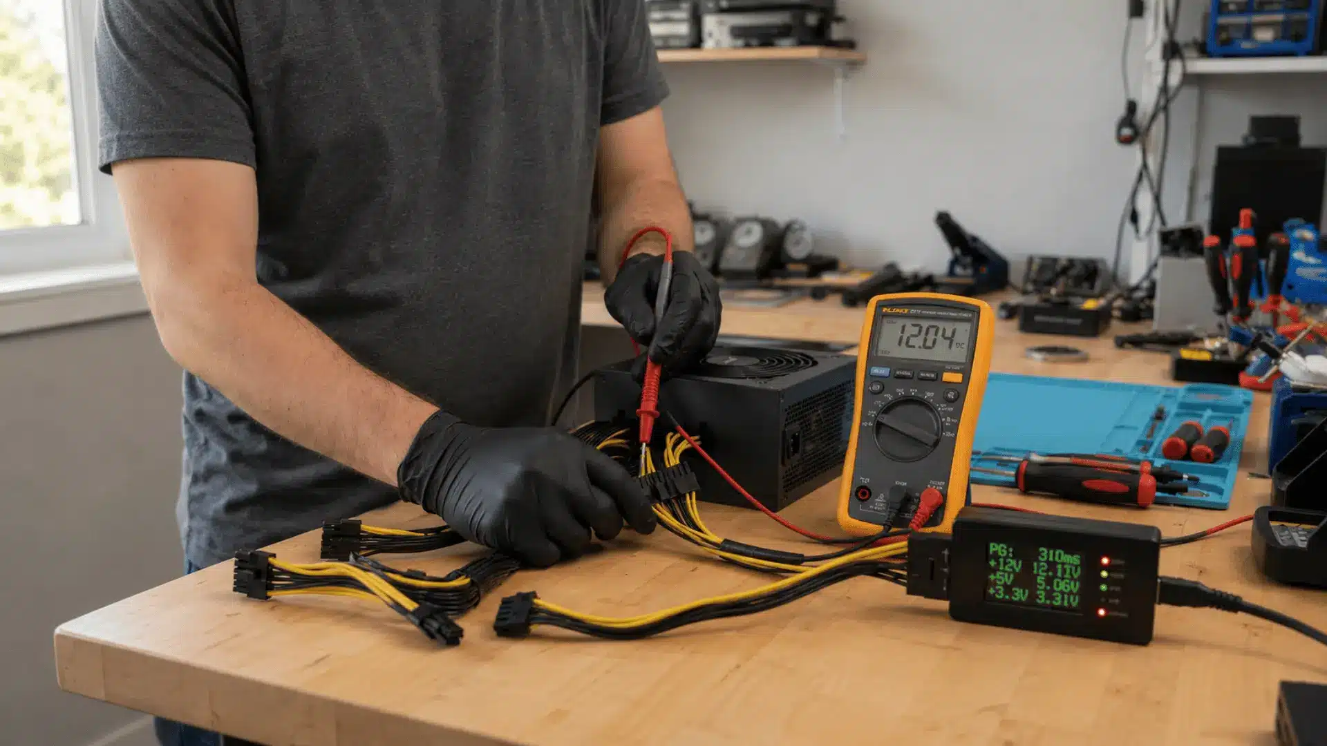 a man wearing black gloves tests computer power supply cables with a digital multimeter on a wooden workbench