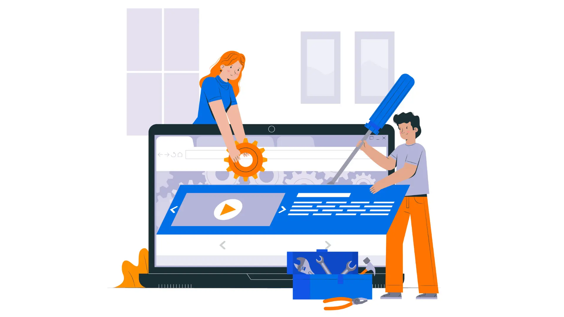 Illustration of two technicians repairing software and settings on a large laptop screen.