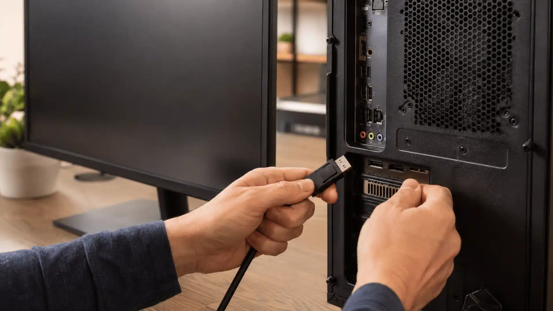 hand reconnecting a displayport cable to the graphics card on the back of a desktop computer