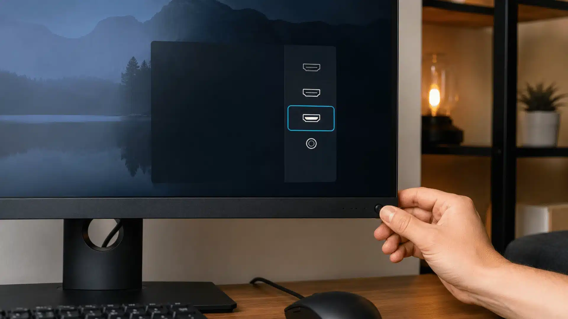 hand selecting the correct displayport input from the monitor on screen menu