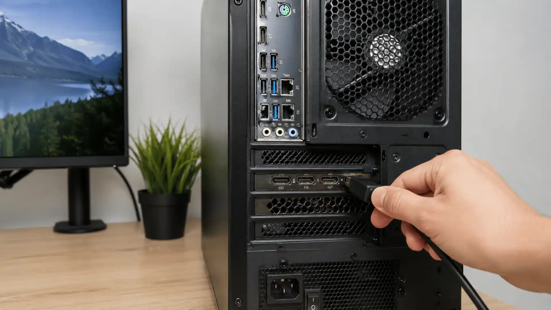 hand connecting a displayport cable to the graphics card instead of the motherboard